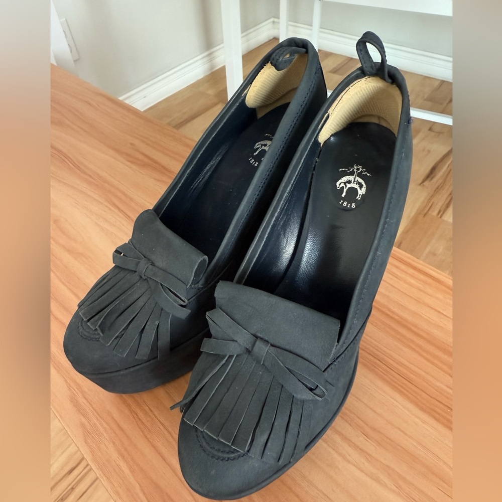 Black Fleece Thom Browne x Brooks Brothers Mod Blue Suede Leather Wedge Loafers - Picture 11 of 14